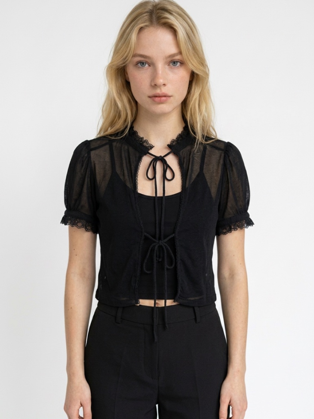 URBAN OUTFITTERS • Black Sheer Mesh Lace Tie Front Cropped Top Size XS